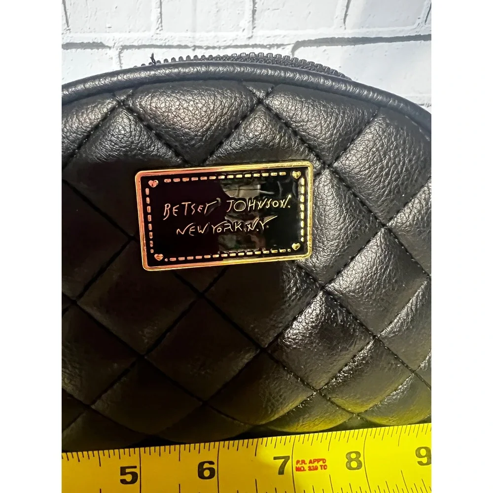 Betsey Johnson Black Quilted Faux Leather Dome Cosmetic Makeup Bag Gold Logo